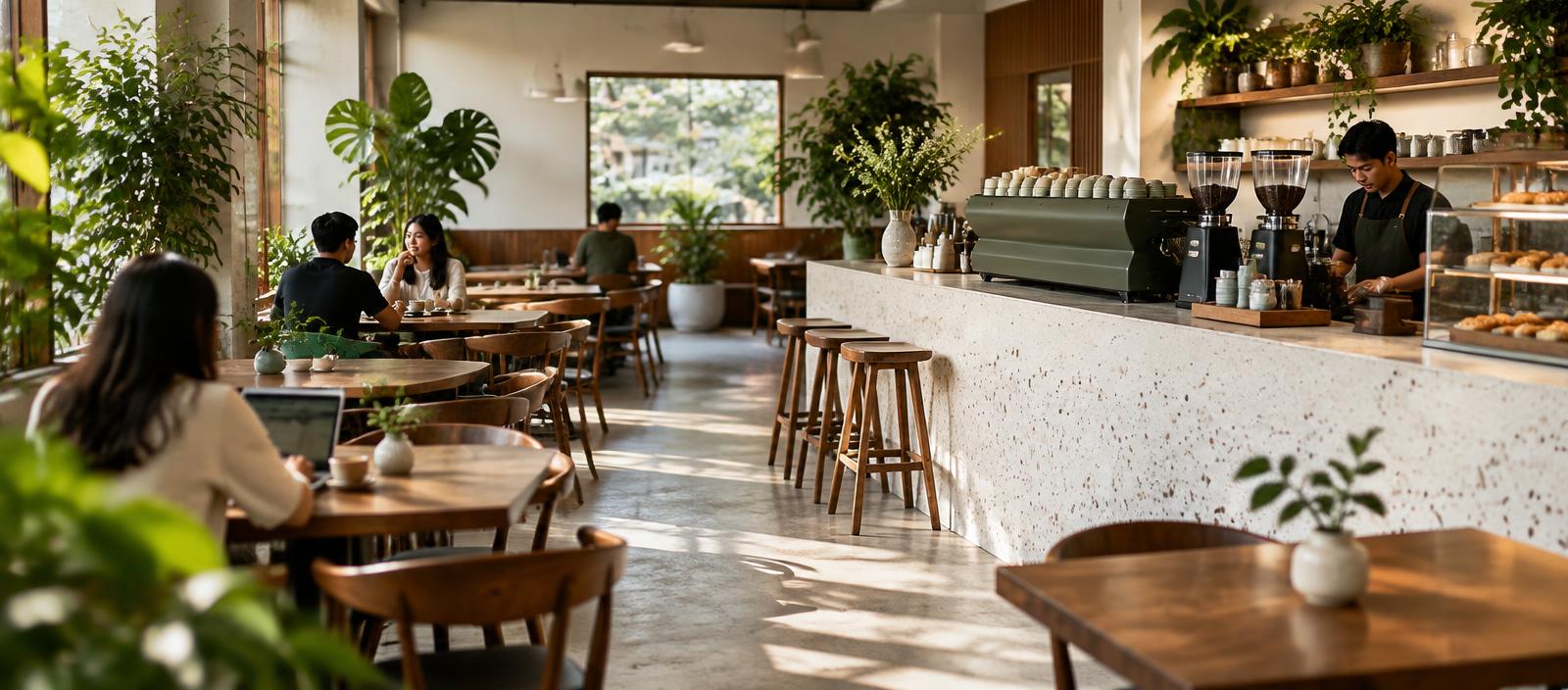 Café interior with wooden tables, a service counter and bar stools