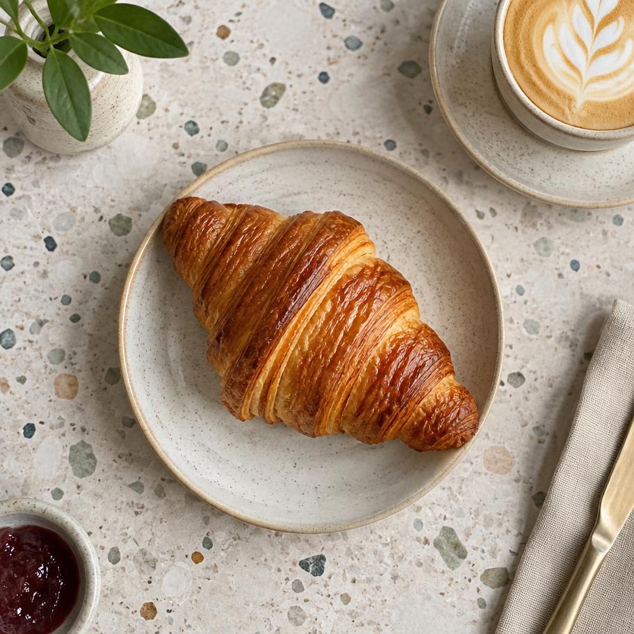Butter croissant on a speckled ceramic plate