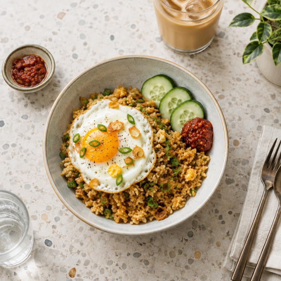 Nasi goreng topped with a fried egg and cucumber, with sambal on the side